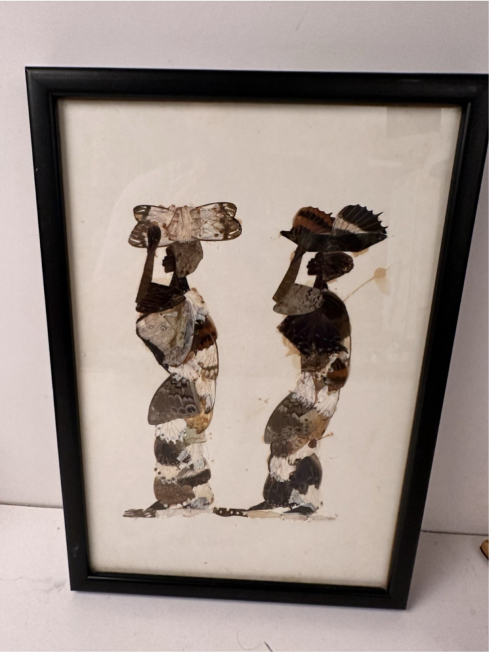 Vintage Real Butterfly Wing Art Collage Framed African Women Carrying Baskets 10